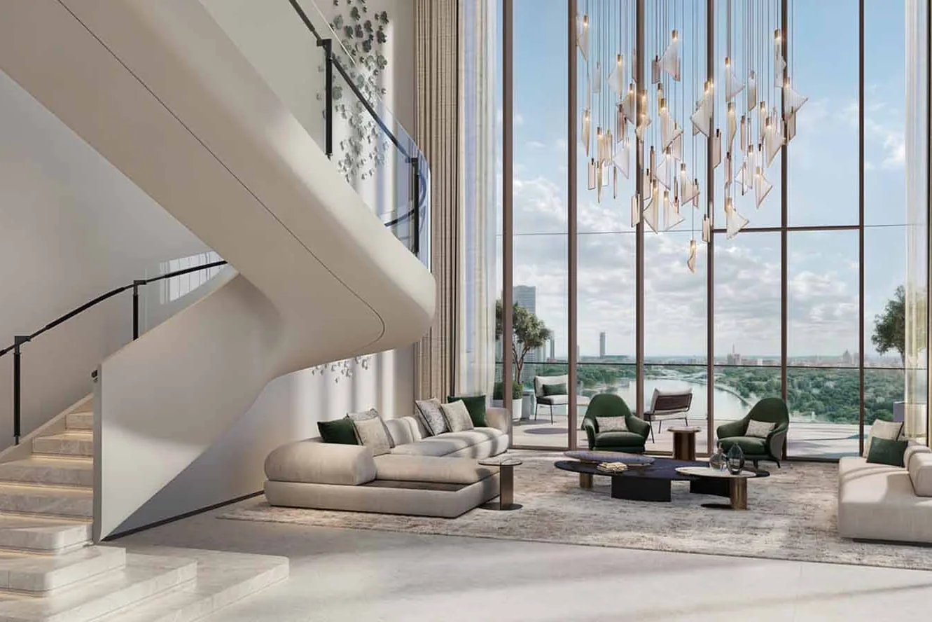 Features double-height villas