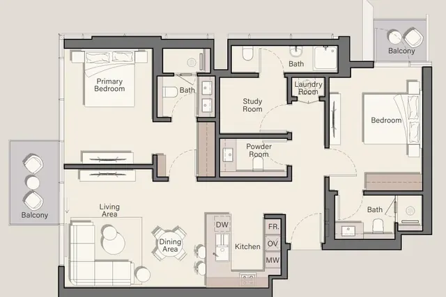 2 bedroom + study apartment