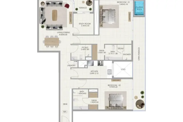 2 bedroom apartment with pool