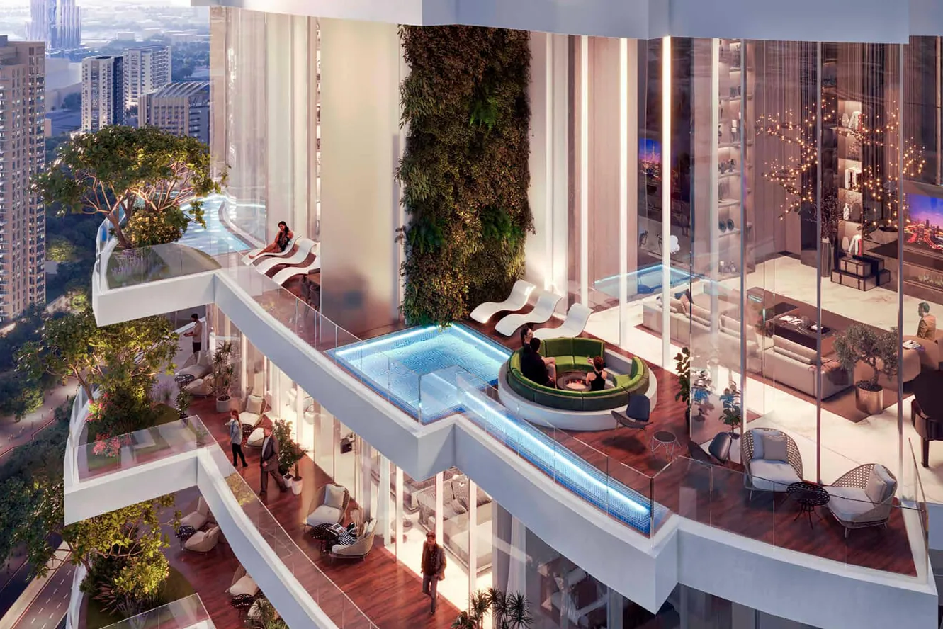 Terraces with swimming pools and greenhouses
