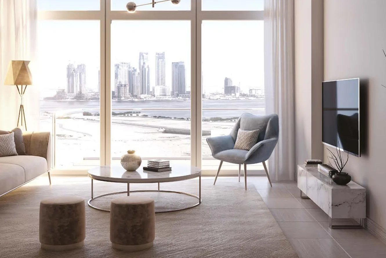 Apartments with balconies, furnishings, and appliances