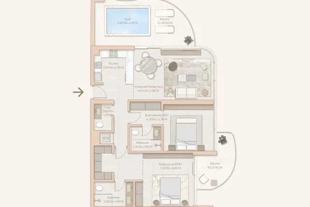 2 bedroom apartment with pool