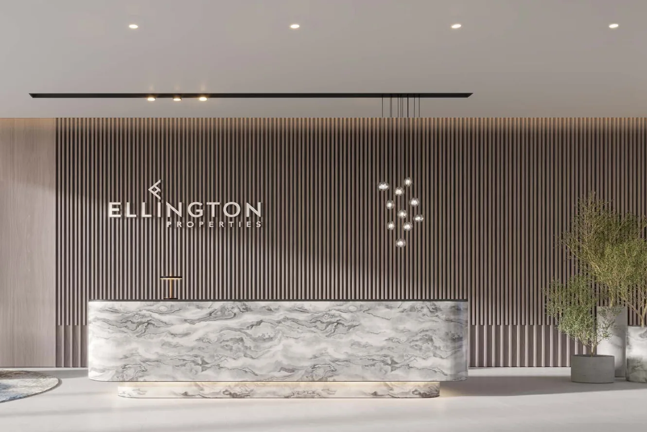 Designer lobby with artwork from the Ellington Art Foundation Collection