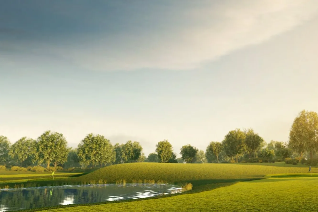The complex is surrounded by greenery