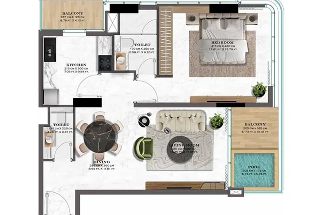 1 bedroom apartment with pool