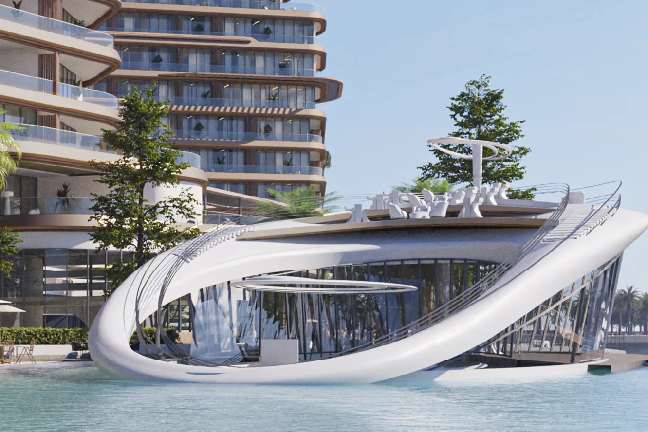 Yacht-style beach club and aquatic infrastructure
