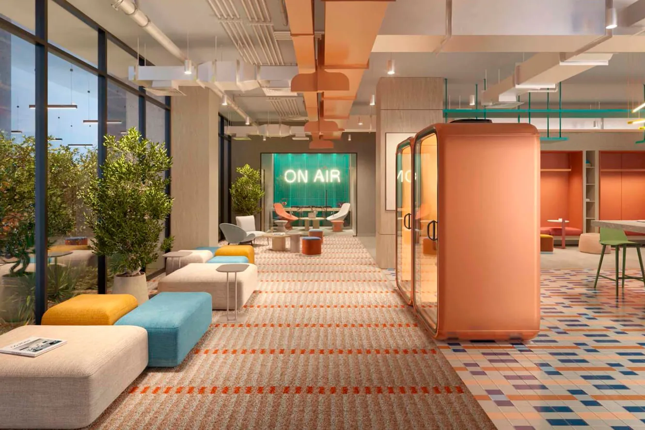 Rooftop lounge, co-working space, podcast recording room