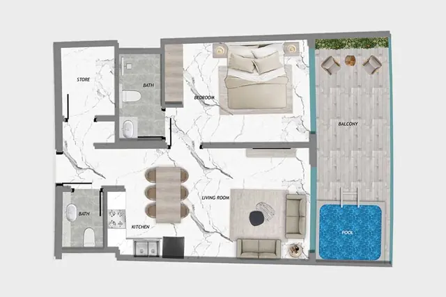 1 bedroom apartment with pool