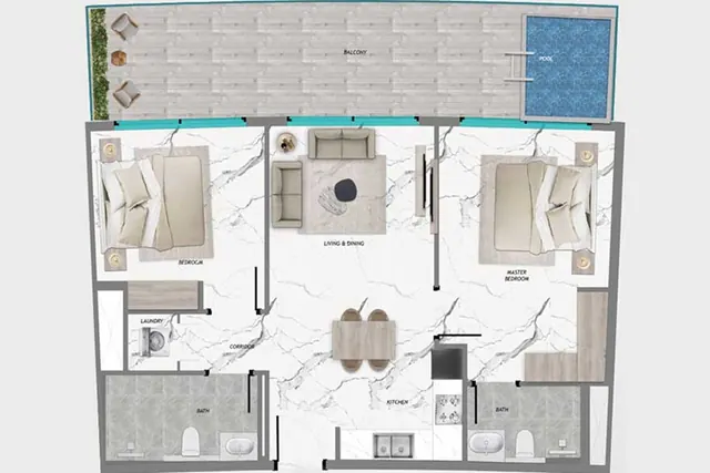 2 bedroom apartment with pool