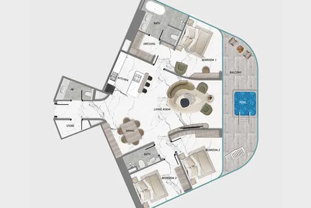 3 bedroom apartment with pool