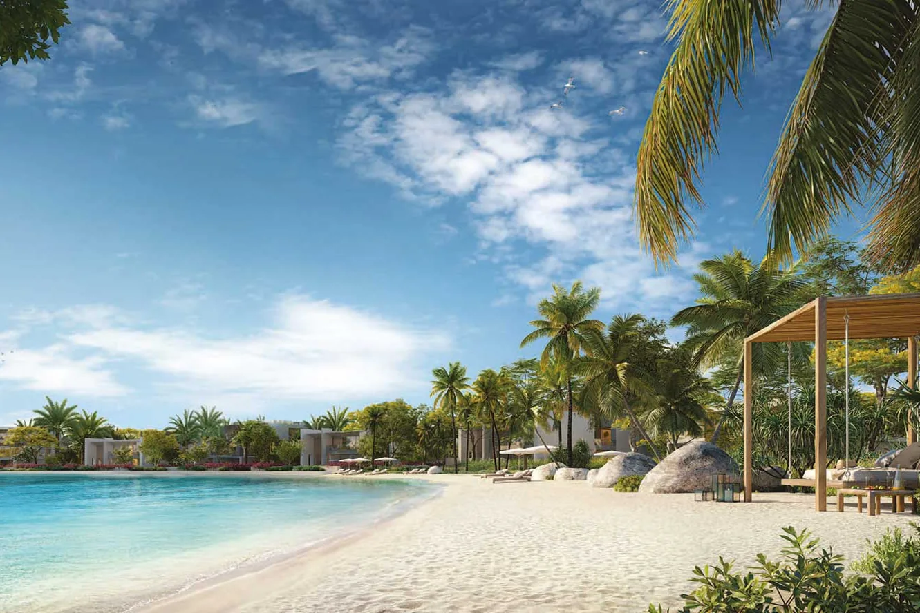 An expansive lagoon with a sandy beach