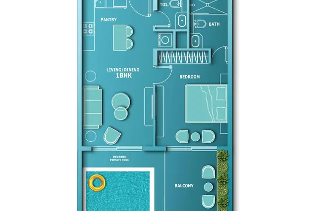 1 bedroom apartment with designer private pool