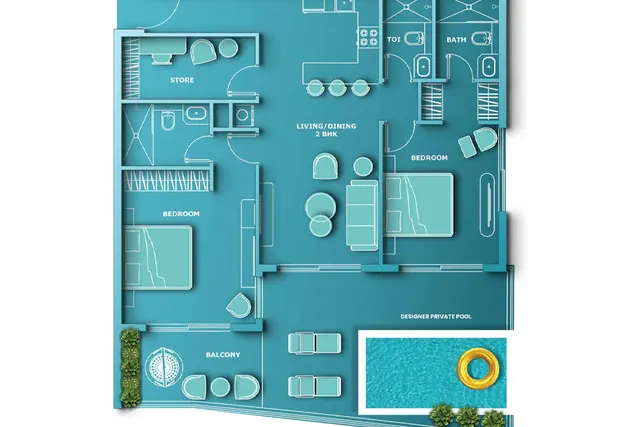 2 bedroom apartment with multi-utility room & designer private pool