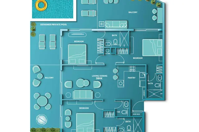 3 bedroom apartment with designer private pool